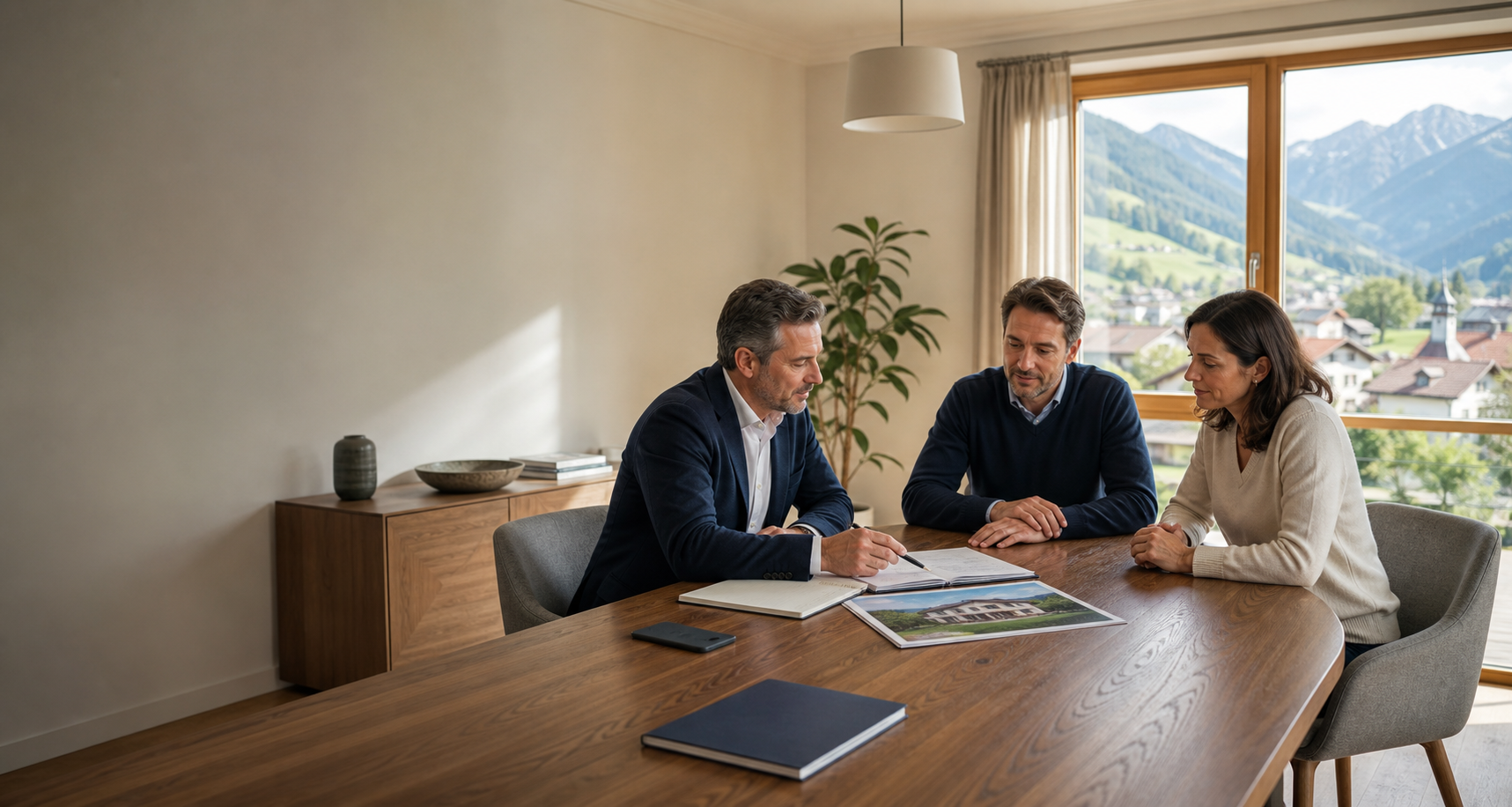 Beratungssituation im Immobilienverkauf mit Unterlagen und persönlichem Gespräch.